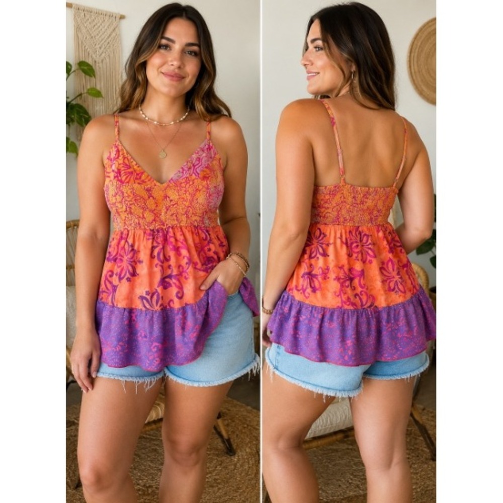 Santiki Boho Smocked Babydoll Tank Top Womens Large